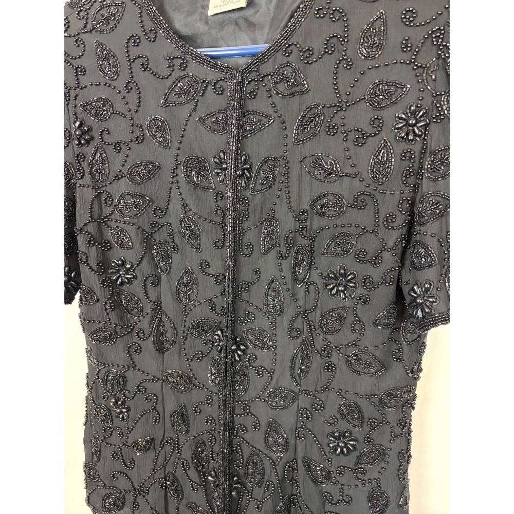 Stenay Beaded Silk Top Small Black Vintage Evening Floral Sequin 80s 90s Glam - Picture 2 of 9